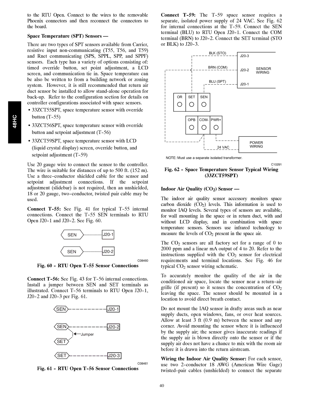 Carrier 48HC installation instructions Space Temperature SPT Sensors, RTU Open T-55 Sensor Connections 