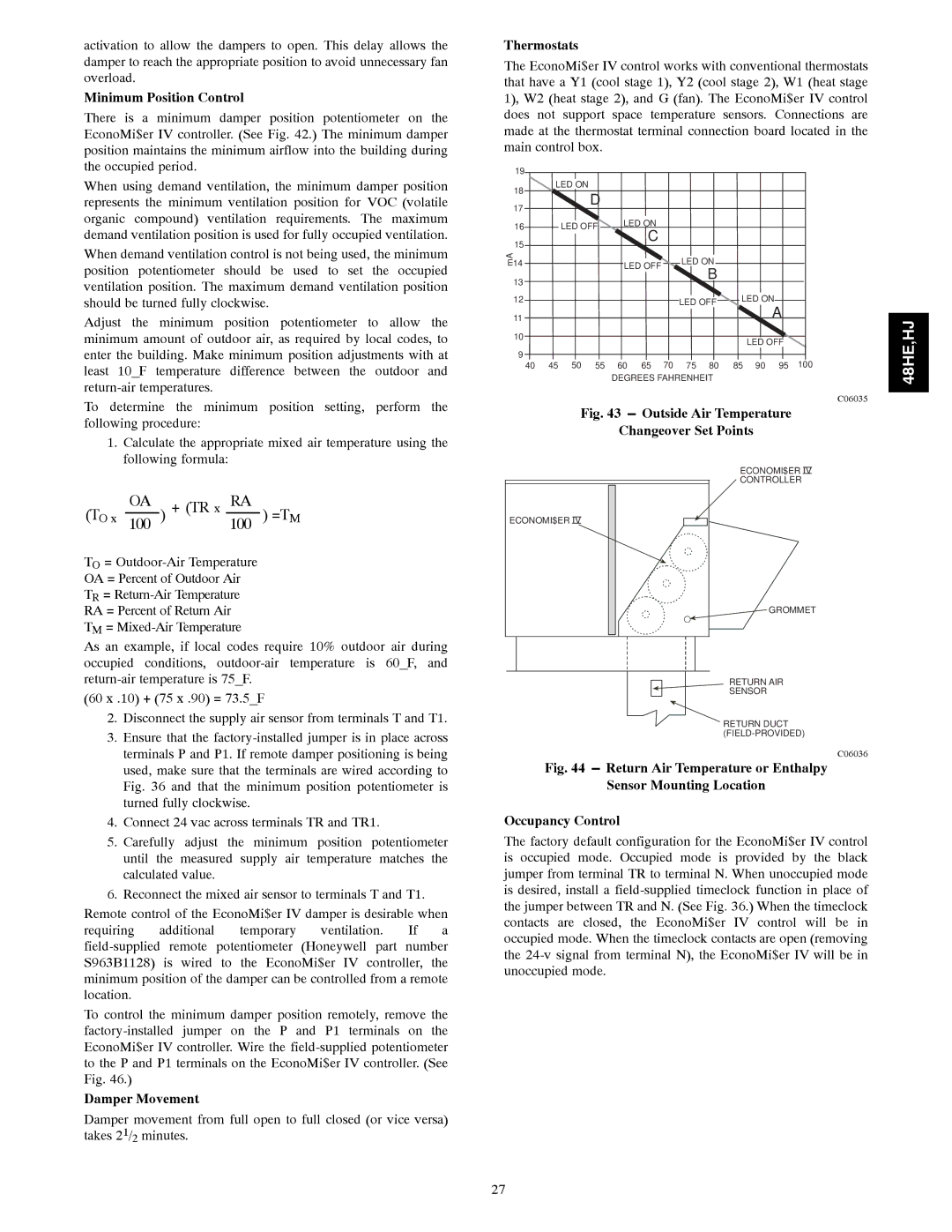 Carrier 48HJ004---007, 48HE003---006 installation instructions Minimum Position Control, Thermostats, Damper Movement 