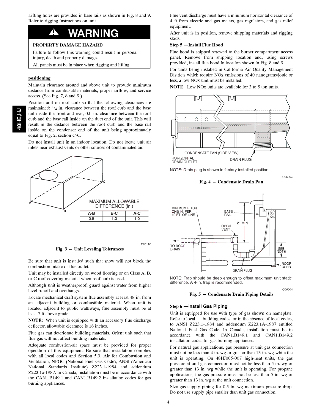 Carrier 48HE003---006, 48HJ004---007 installation instructions Property Damage Hazard, Positioning, Install Flue Hood 