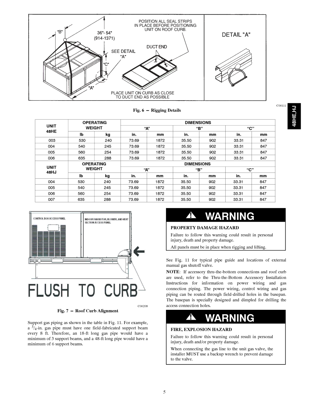 Carrier 48HJ004---007, 48HE003---006 installation instructions Unit Operating Dimensions Weight 