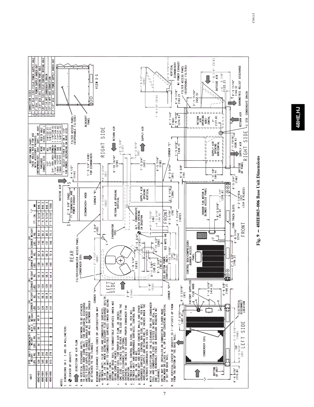 Carrier 48HJ004---007, 48HE003---006 installation instructions 48HE003-006 Base Unit Dimensions 