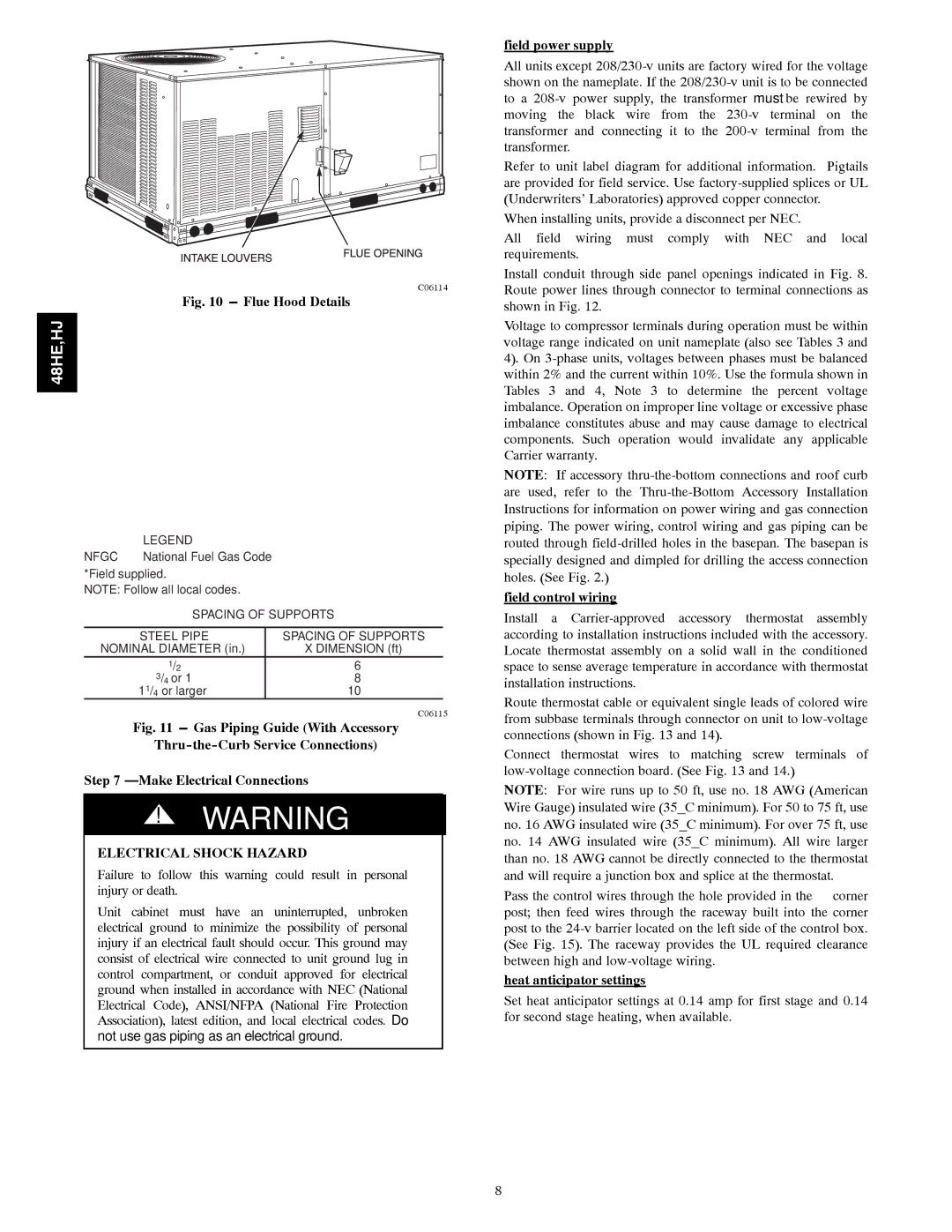 Carrier 48HE003---006, 48HJ004---007 Field power supply, Field control wiring, Heat anticipator settings 