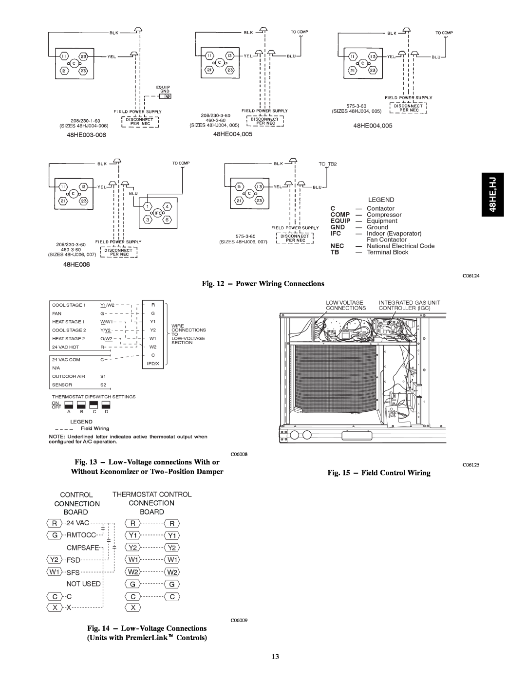 Carrier 48HJ004---007 48HE,HJ, Power Wiring Connections, Field Control Wiring, Thermostat Control, Board, 24 VAC, Rmtocc 