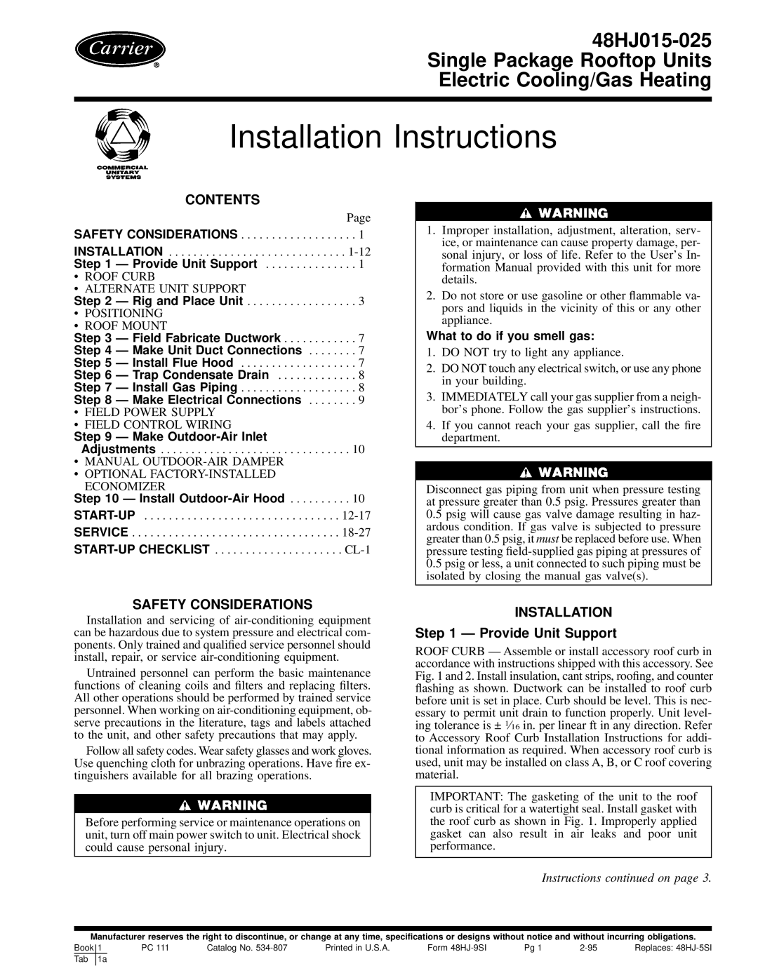 Carrier 48HJ015-025 installation instructions Contents, Safety Considerations, Installation 