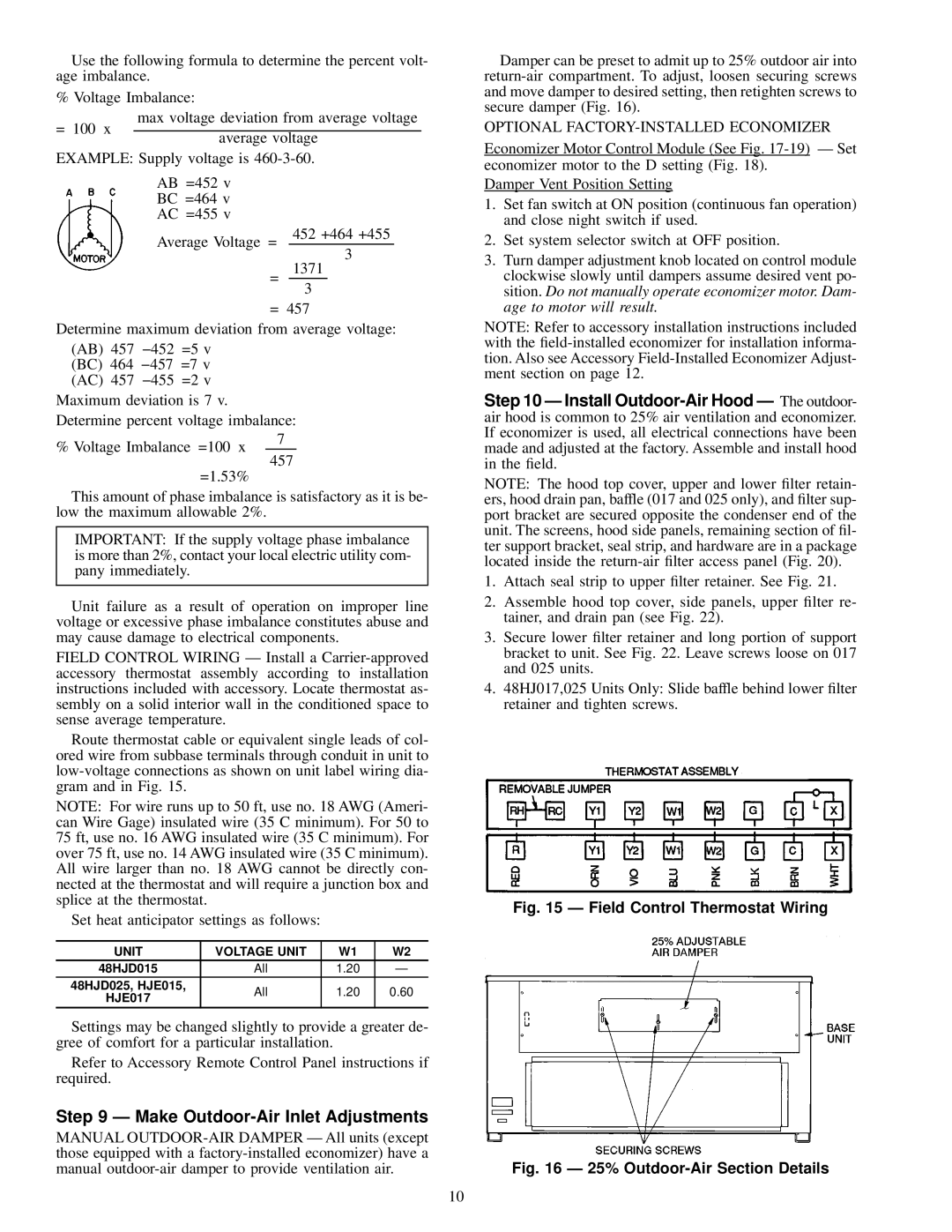 Carrier 48HJ015-025 Make Outdoor-Air Inlet Adjustments, Unit Voltage Unit, 48HJD015 All 48HJD025, HJE015 HJE017 