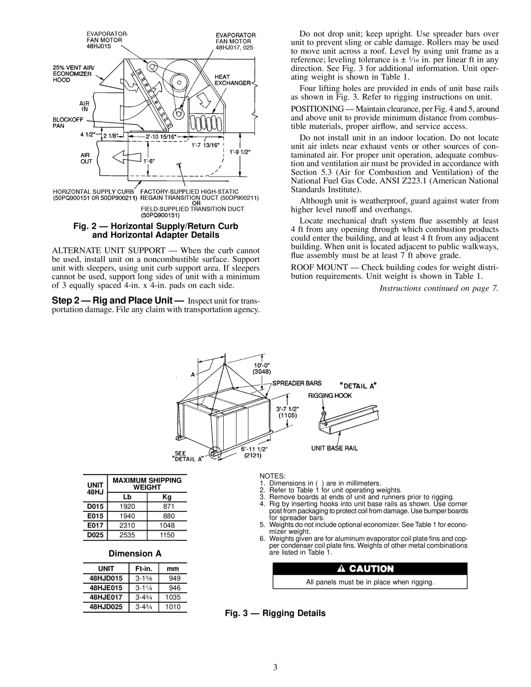 Carrier 48HJ015-025 installation instructions Dimension a, Unit Maximum Shipping Weight 