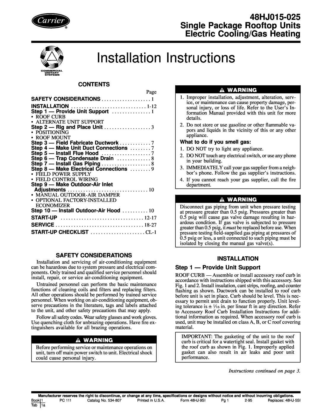 Carrier 48HJ015-025 installation instructions Installation Instructions, Contents, Safety Considerations 