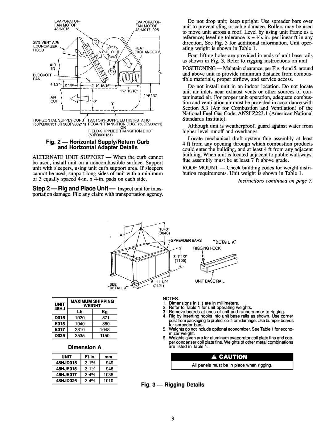 Carrier 48HJ015-025 Ð Horizontal Supply/Return Curb, and Horizontal Adapter Details, Instructions continued on page 