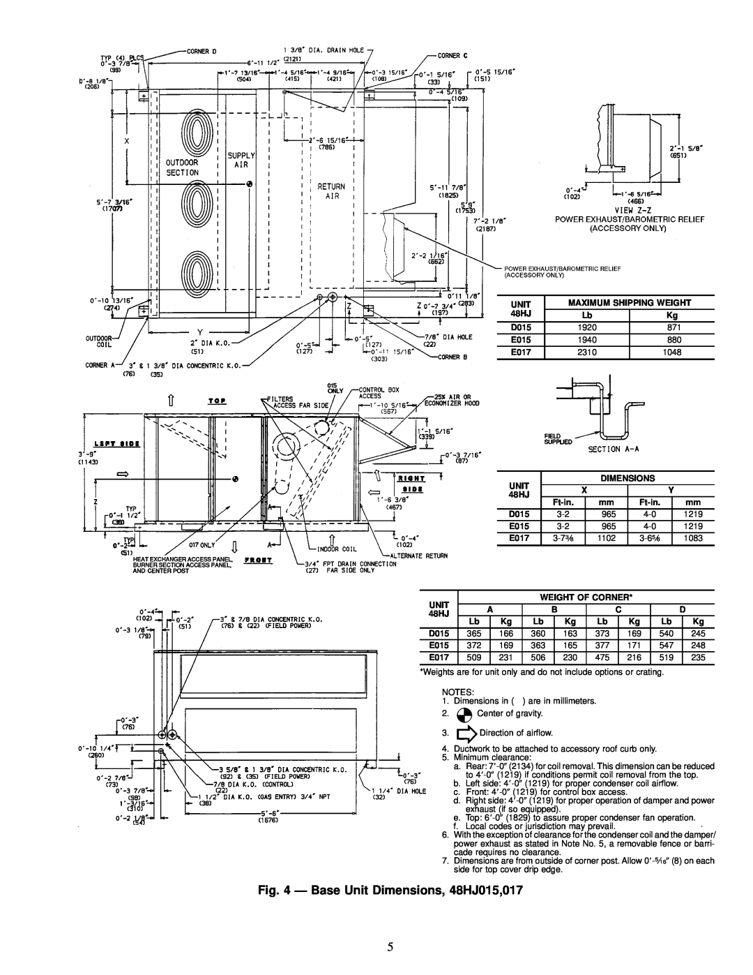 Carrier 48HJ015-025 installation instructions Ð Base Unit Dimensions, 48HJ015,017 