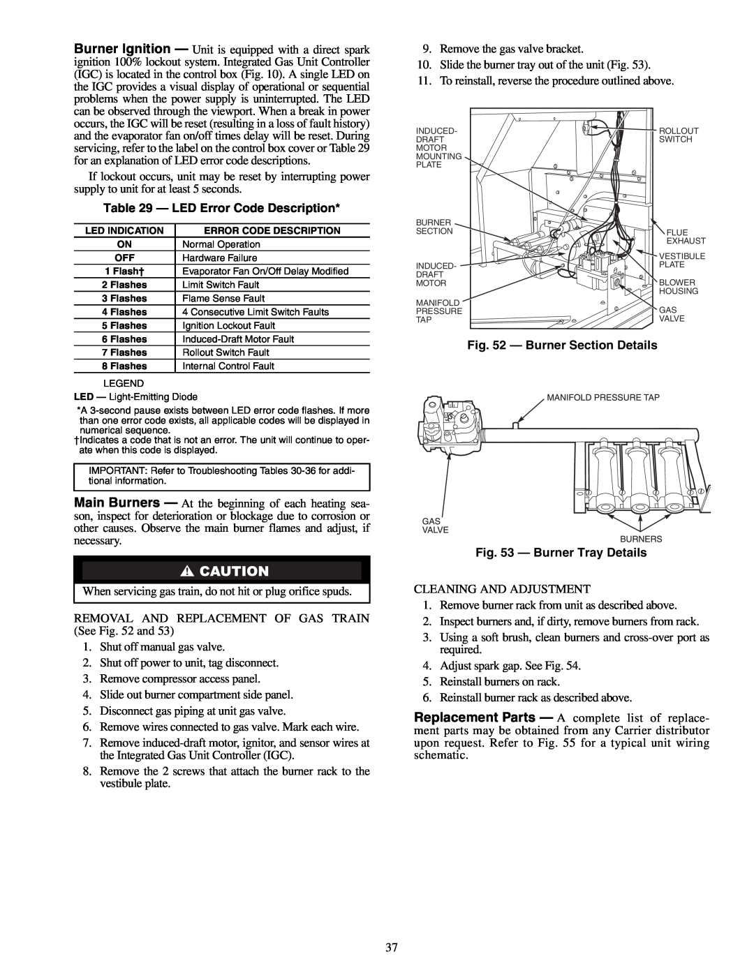 Carrier 48HJD005-007 specifications LED Error Code Description, Burner Section Details - Burner Tray Details 