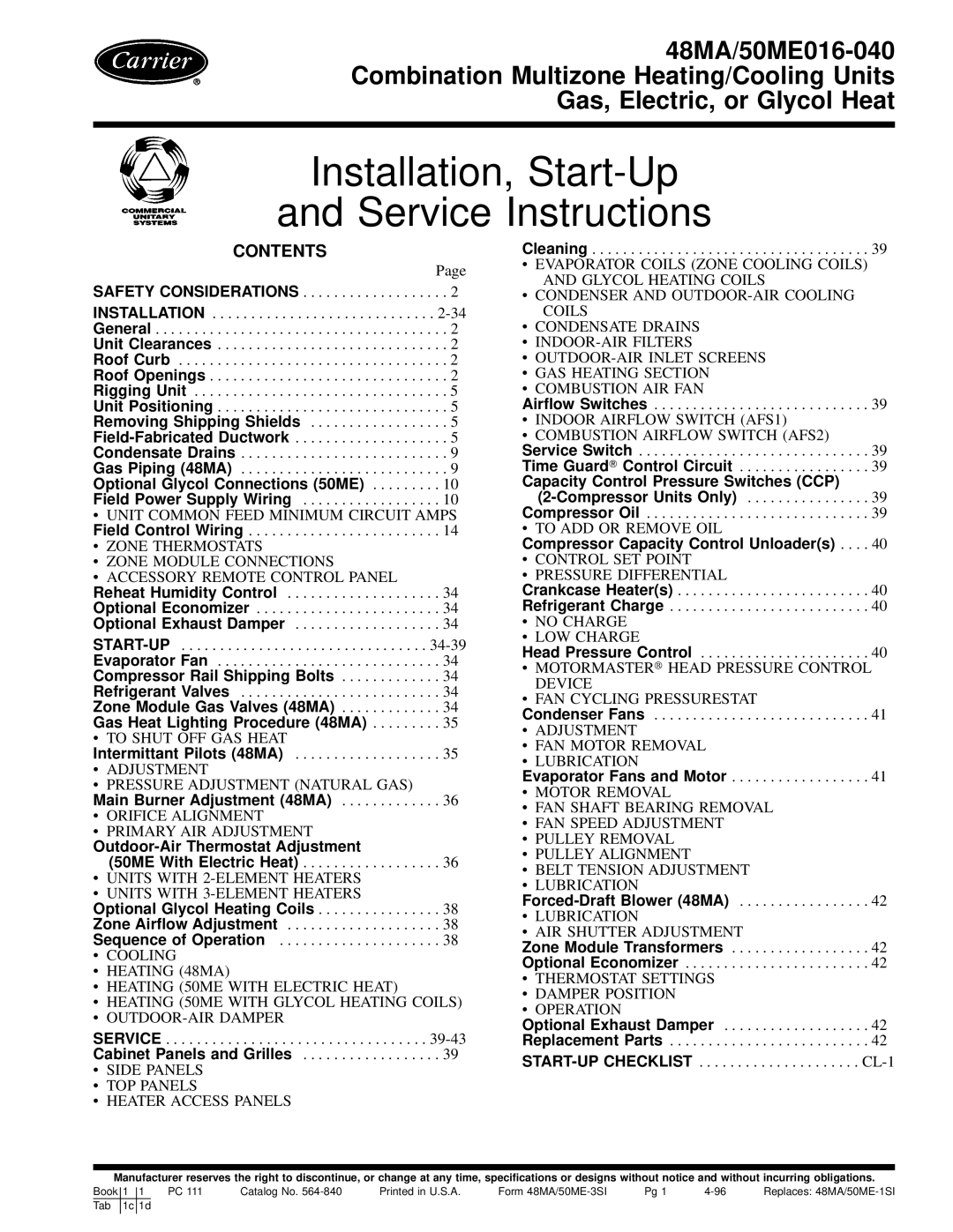 Carrier 48MA/50ME016-040 specifications Installation, Start-Up Service Instructions, Contents 