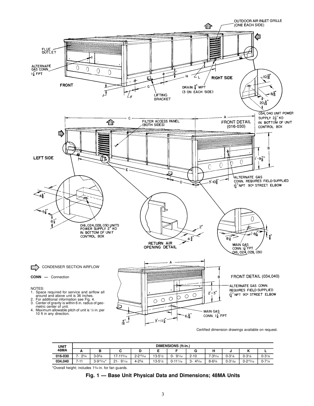 Carrier 48MA/50ME016-040 specifications Base Unit Physical Data and Dimensions 48MA Units 