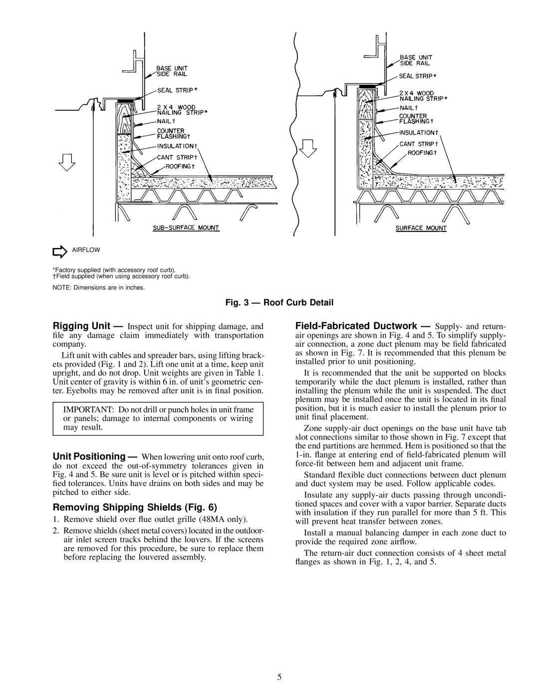 Carrier 48MA/50ME016-040 specifications Removing Shipping Shields Fig, Roof Curb Detail 