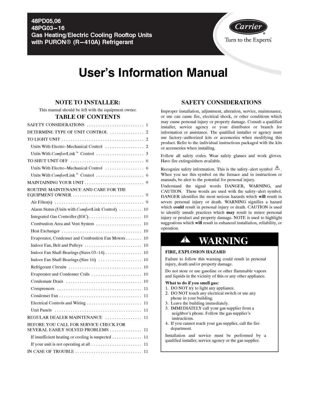 Carrier 06, 48PD05 manual Table of Contents, Safety Considerations 