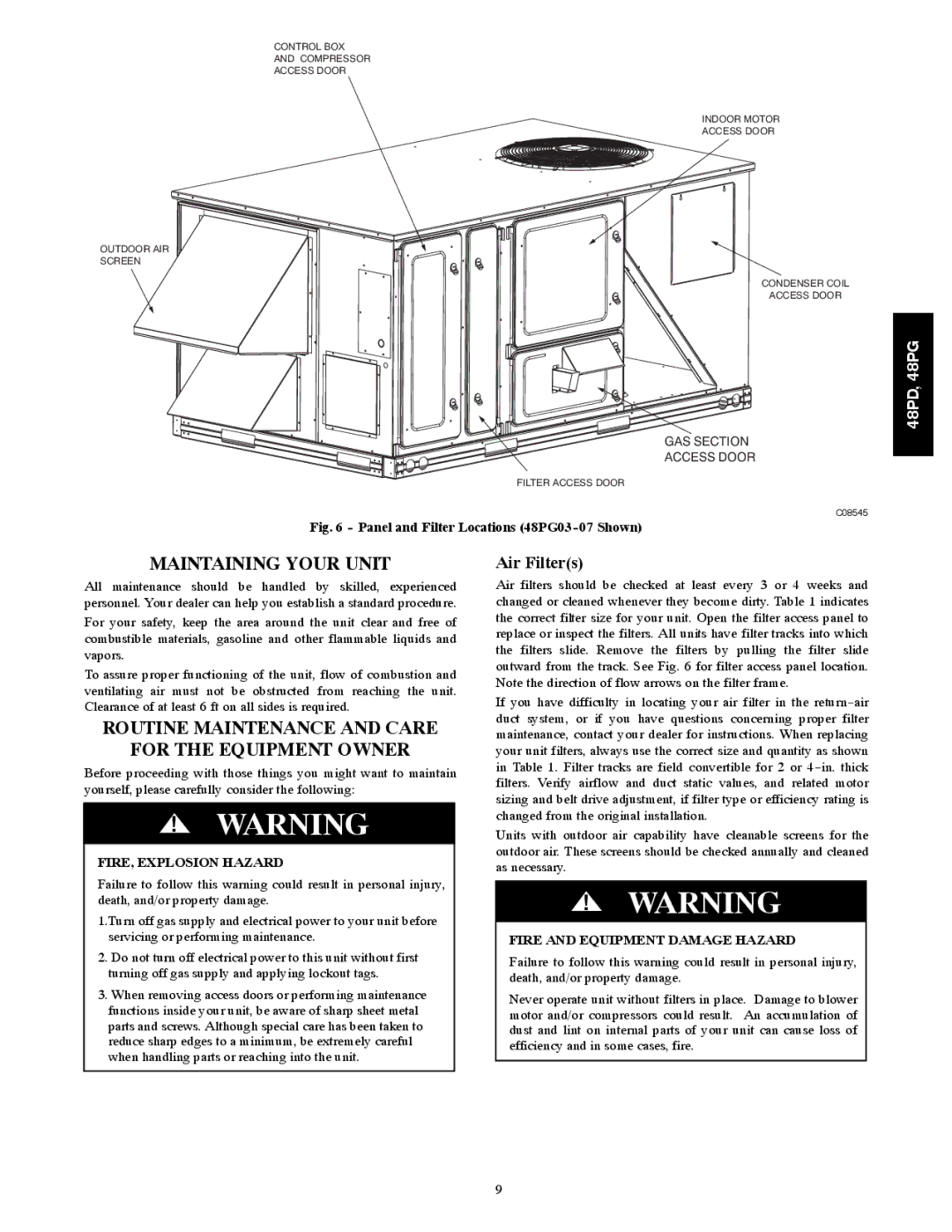 Carrier 06 Maintaining Your Unit, Routine Maintenance and Care For the Equipment Owner, Fire and Equipment Damage Hazard 