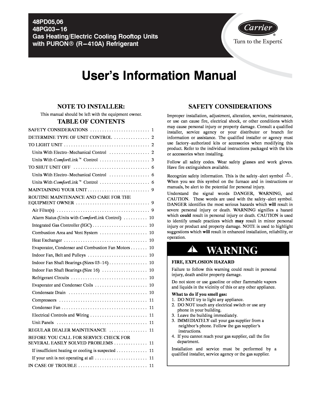Carrier 06, 48PD05 manual Note To Installer, Table Of Contents, Safety Considerations, User’s Information Manual 