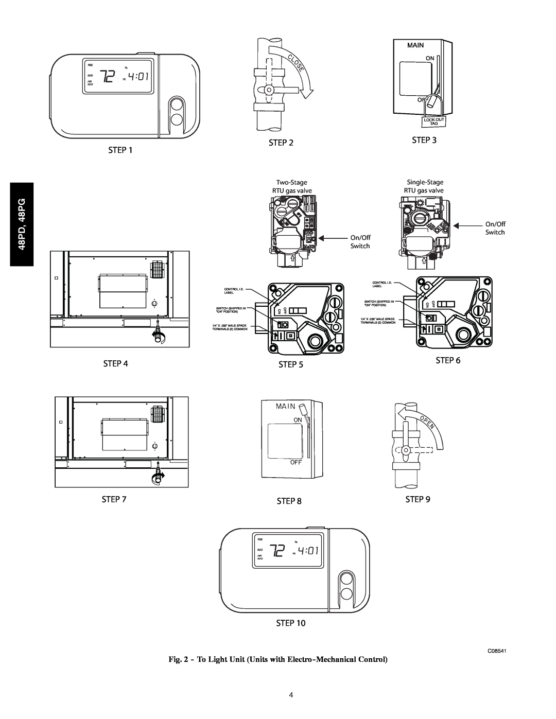 Carrier 48PD05, 06 48PD, 48PG, Step Step, Two-Stage RTU gas valve, Main, Single-Stage RTU gas valve On/Off Switch, On Off 