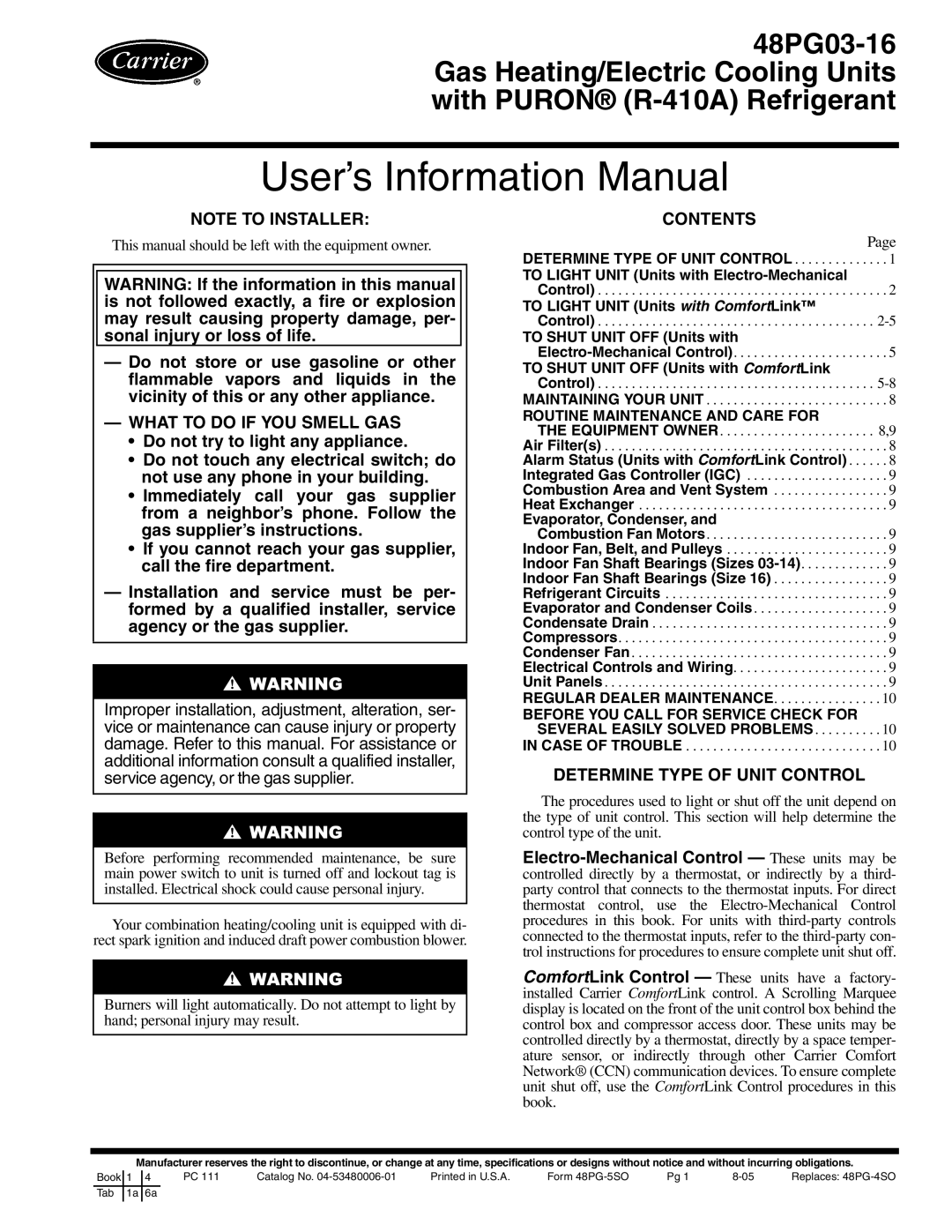 Carrier 48PG03---16 specifications What to do if YOU Smell GAS, Contents, Determine Type of Unit Control 