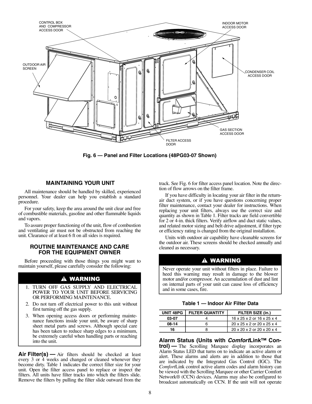 Carrier 48PG03---16 specifications Maintaining Your Unit, Routine Maintenance and Care For the Equipment Owner 