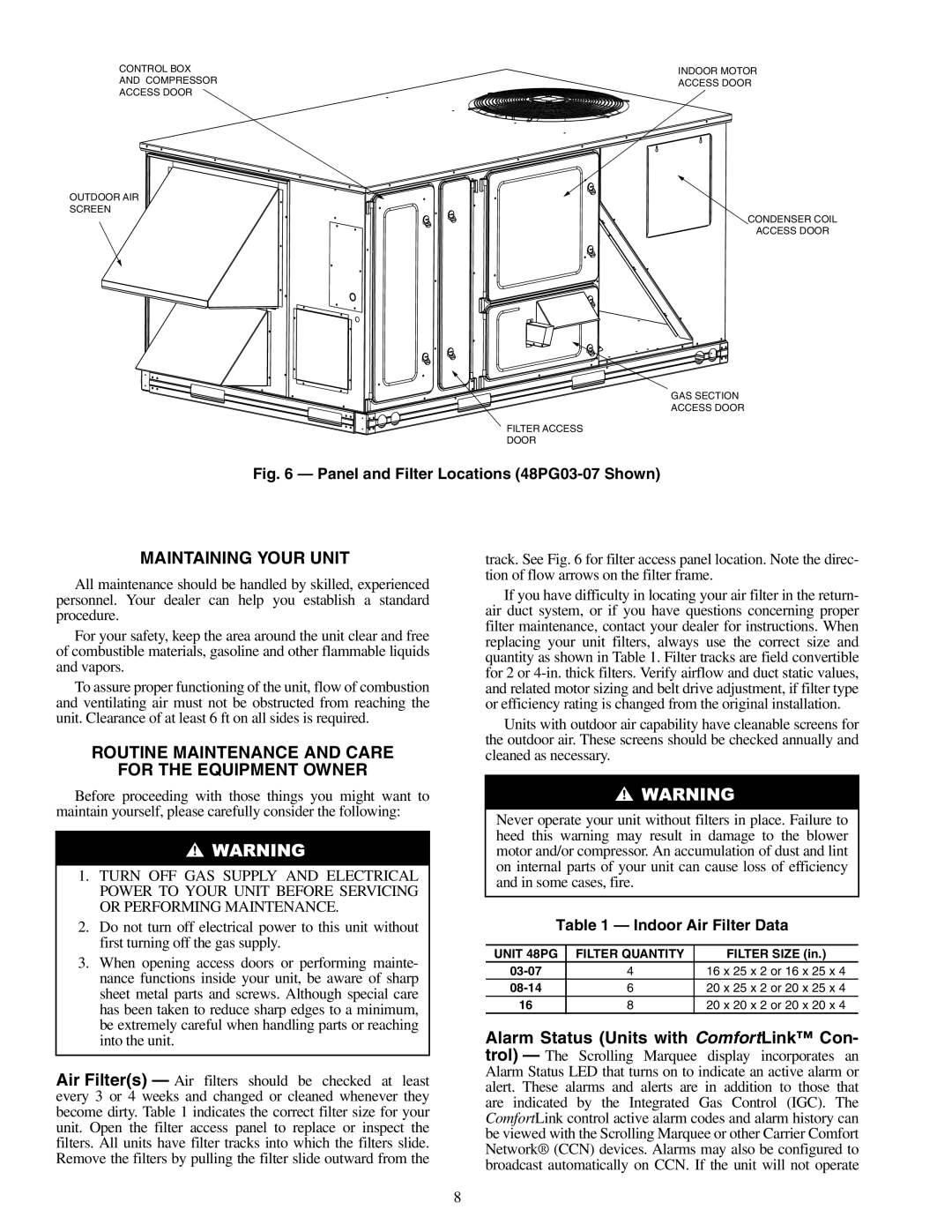 Carrier 48PG03---16 Maintaining Your Unit, Routine Maintenance And Care, For The Equipment Owner, Indoor Air Filter Data 