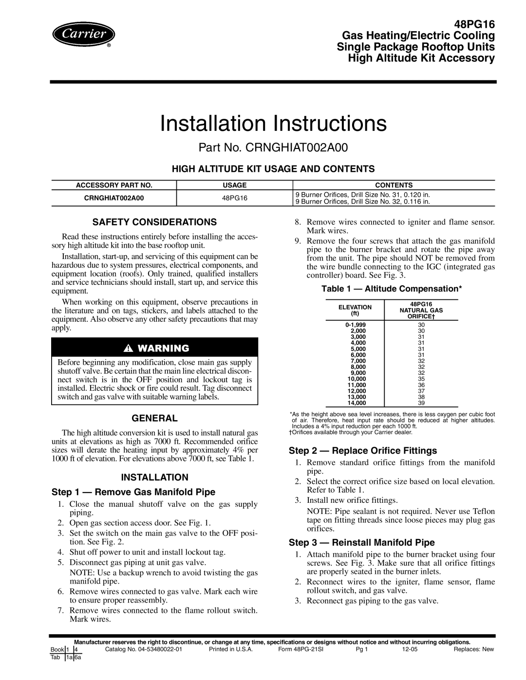 Carrier 48PG16 installation instructions Installation Instructions 