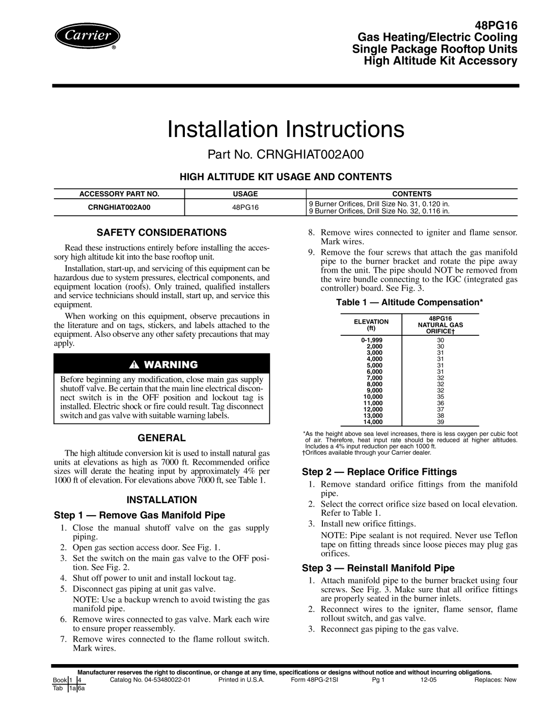 Carrier 48PG16 installation instructions High Altitude Kit Usage And Contents, Safety Considerations, General 