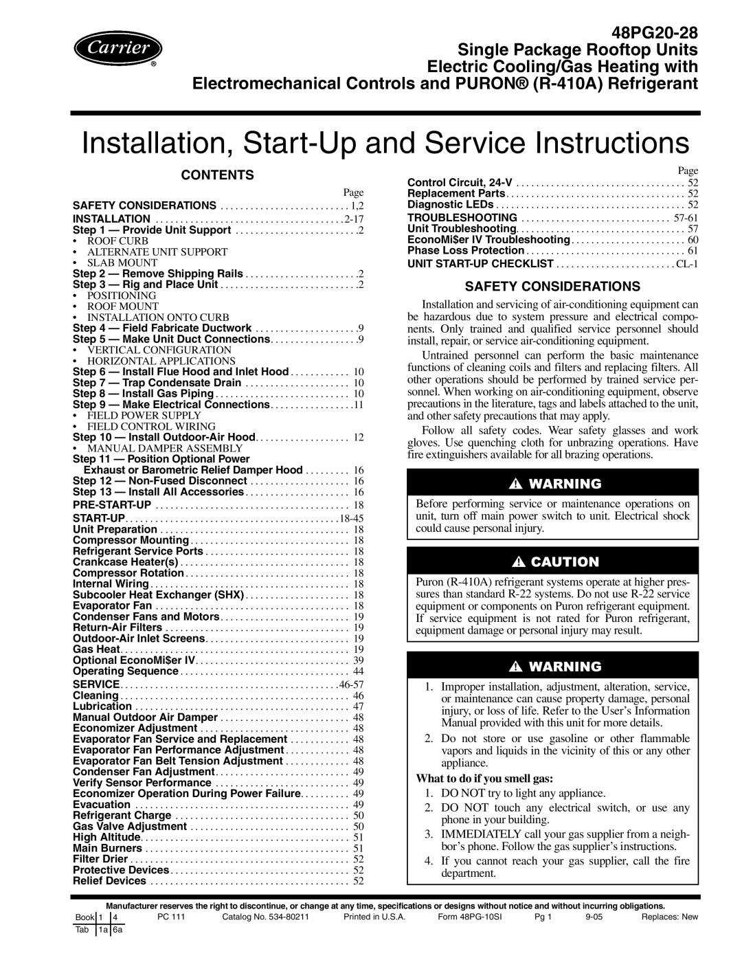 Carrier 48PG20-28 specifications Installation, Start-Up and Service Instructions 