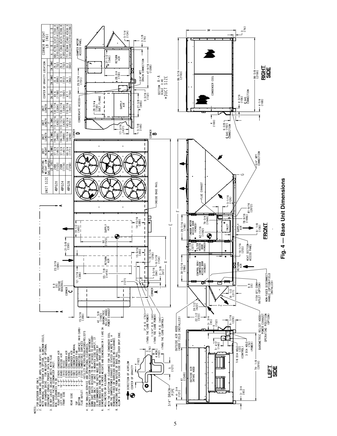 Carrier 48PG20-28 specifications Base Unit Dimensions 