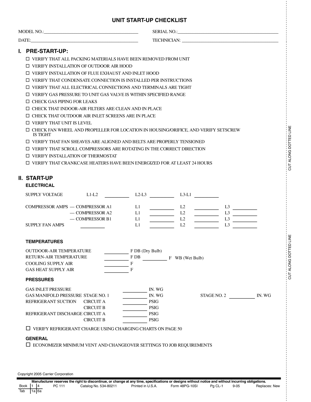 Carrier 48PG20-28 specifications Unit START-UP Checklist 