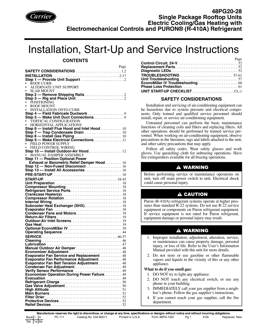 Carrier 48PG20-28 specifications Installation, Start-Upand Service Instructions, Contents, Safety Considerations 