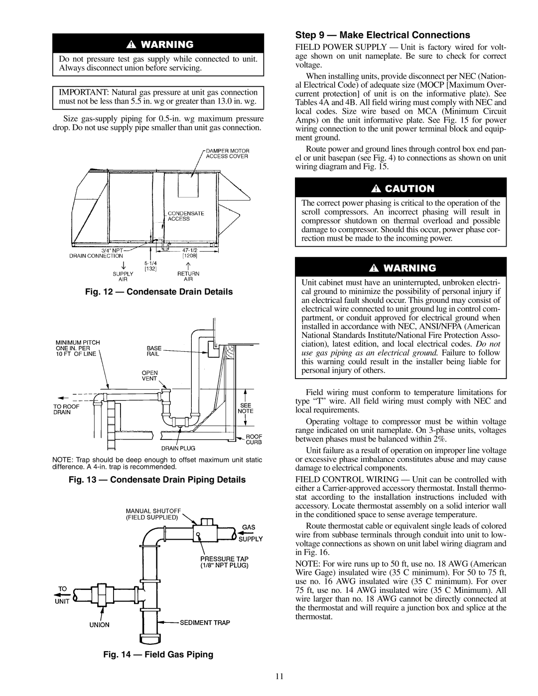 Carrier 48PG20-28 Make Electrical Connections, Condensate Drain Details, Condensate Drain Piping Details, Field Gas Piping 