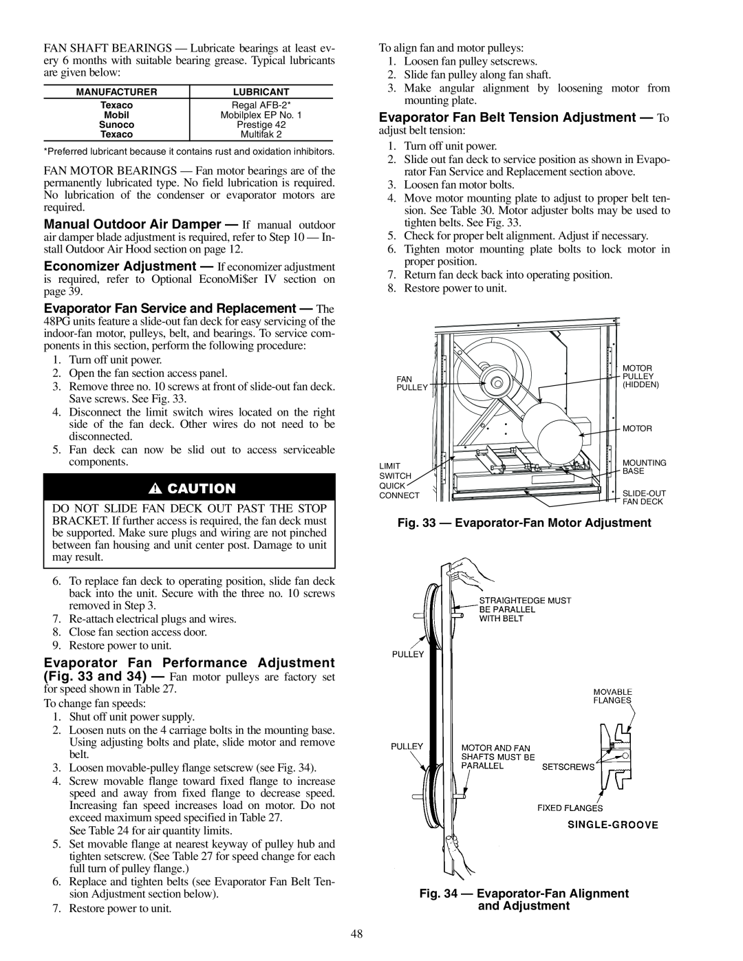 Carrier 48PG20-28 specifications Evaporator-FanMotor Adjustment, Evaporator-FanAlignment and Adjustment 