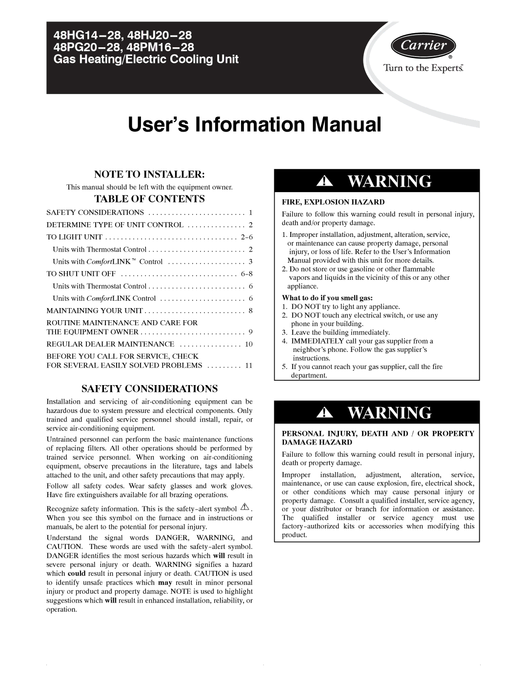 Carrier 48PG20---28, 48PM16---28, 48HJ20---28, 48HG14---28 manual Table of Contents, Safety Considerations 