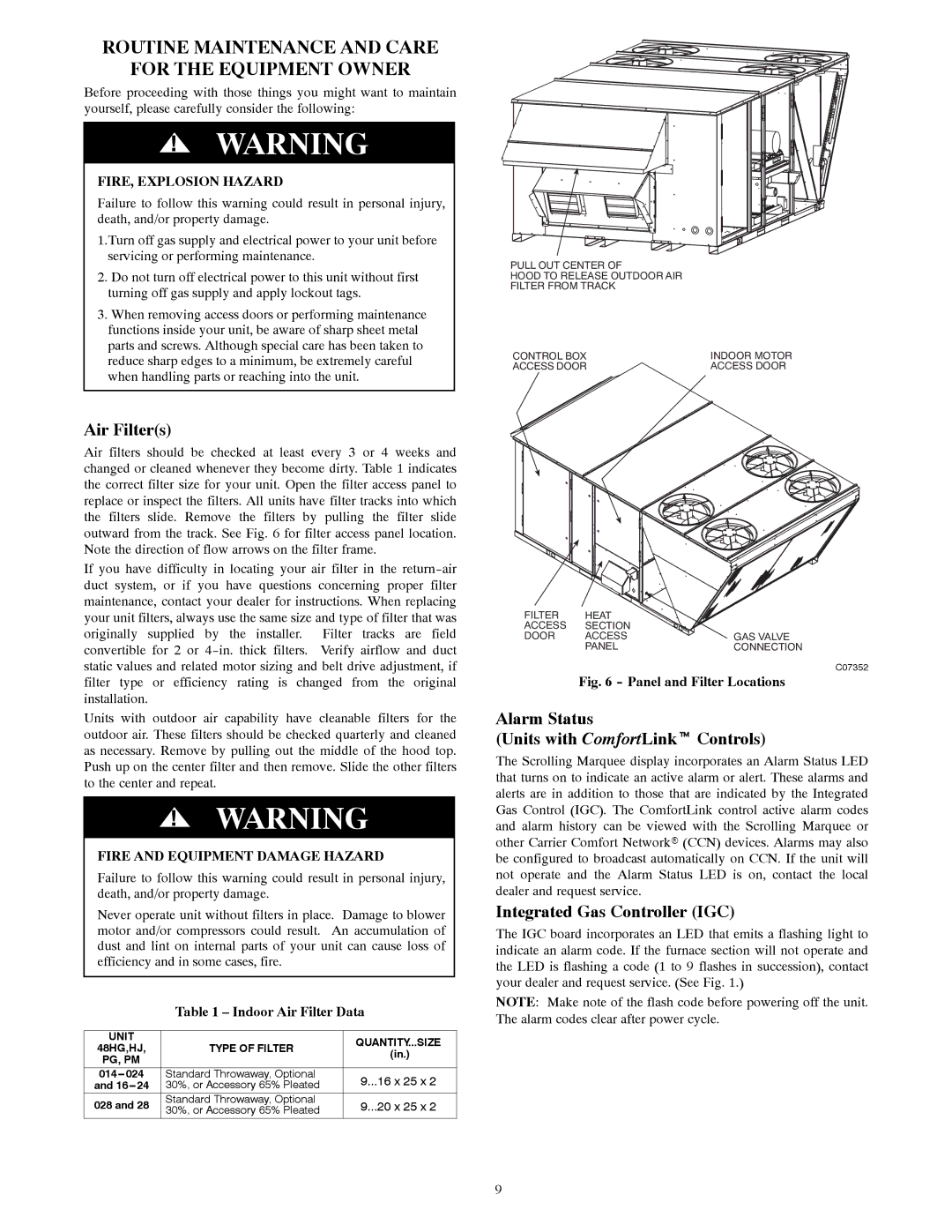 Carrier 48PG20---28 manual Routine Maintenance and Care For the Equipment Owner, Air Filters, Integrated Gas Controller IGC 