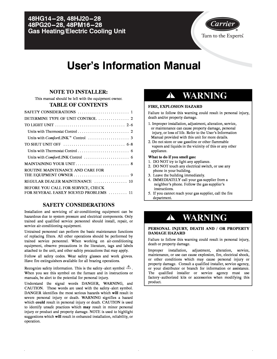 Carrier 48PG20---28 manual Note To Installer, Table Of Contents, Safety Considerations, User’s Information Manual, 48HG14 