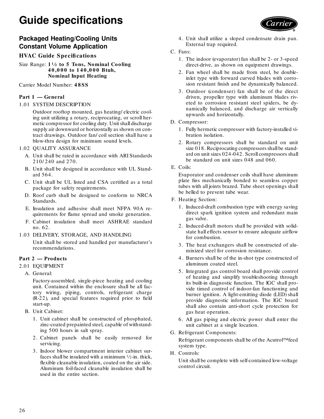 Carrier 48SS manual Guide specications, Hvac Guide Specications 