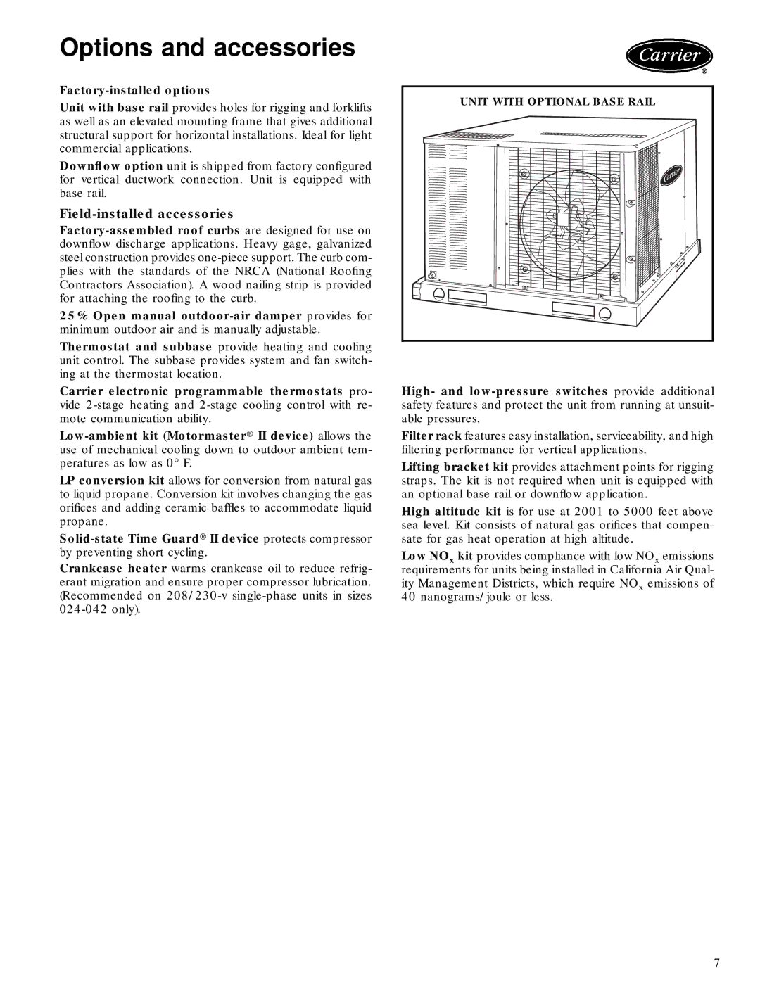 Carrier 48SS manual Options and accessories, Field-installed accessories, Unit with Optional Base Rail 