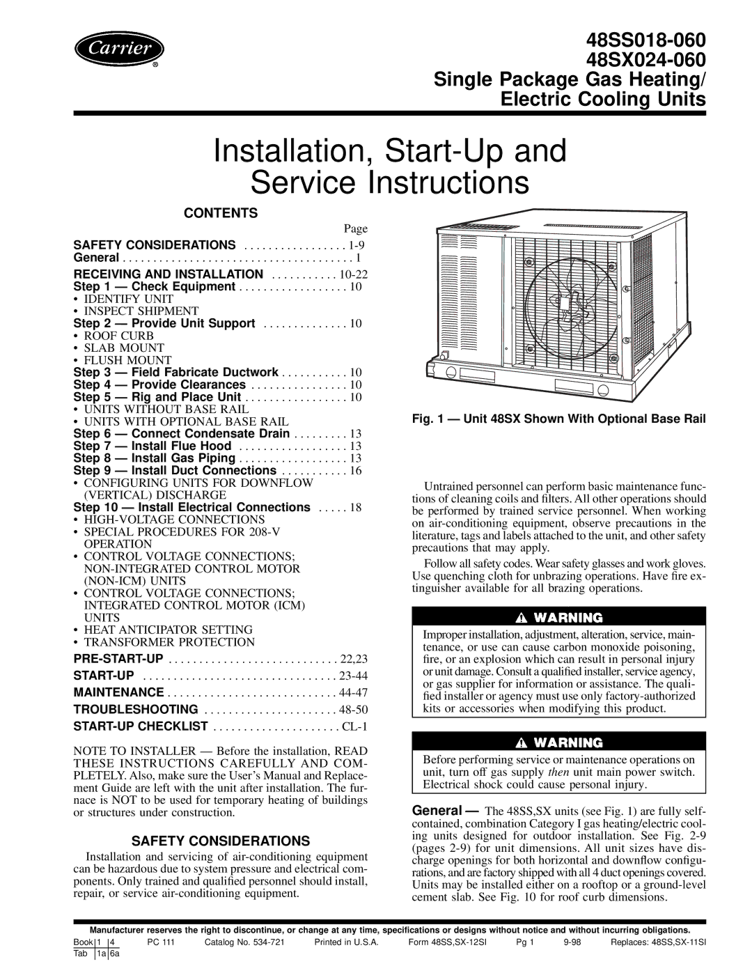 Carrier 48SX024-060, 48SS018-060 user manual Contents, Safety Considerations 