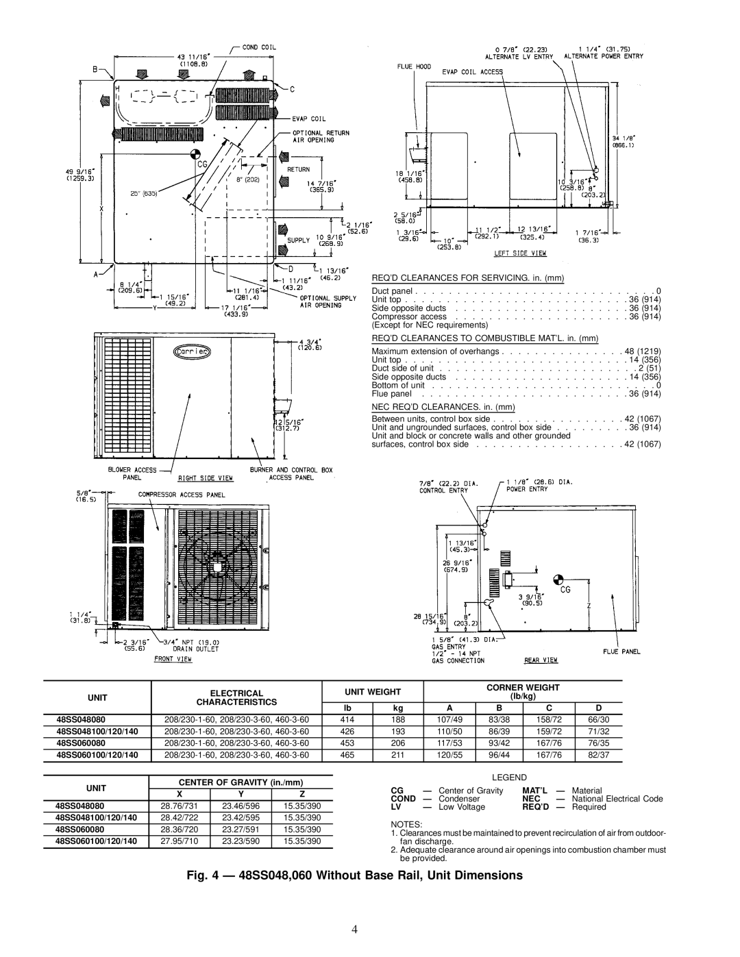 Carrier 48SS018-060, 48SX024-060 user manual 48SS048,060 Without Base Rail, Unit Dimensions 