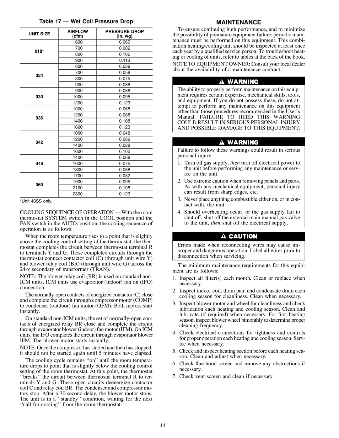 Carrier 48SS018-060, 48SX024-060 user manual Maintenance, Wet Coil Pressure Drop, Unit Size Airflow Pressure Drop 