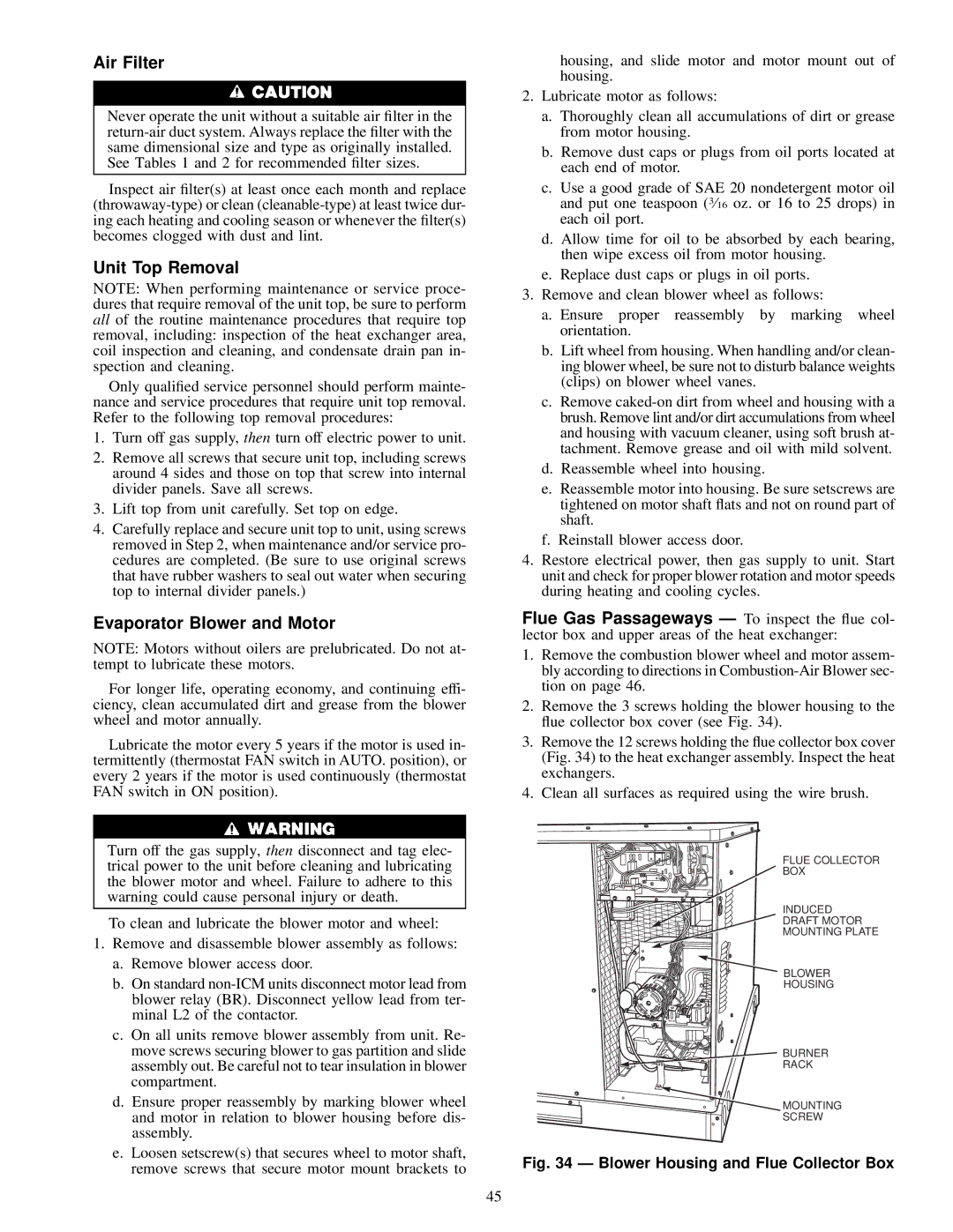 Carrier 48SX024-060, 48SS018-060 user manual Air Filter, Unit Top Removal, Evaporator Blower and Motor 