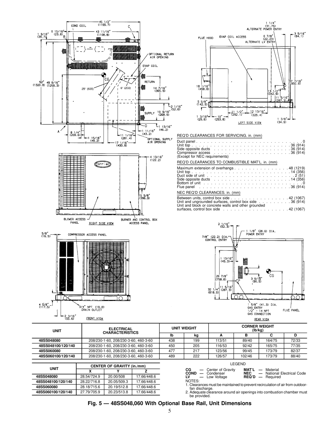 Carrier 48SX024-060, 48SS018-060 user manual 48SS048,060 With Optional Base Rail, Unit Dimensions 