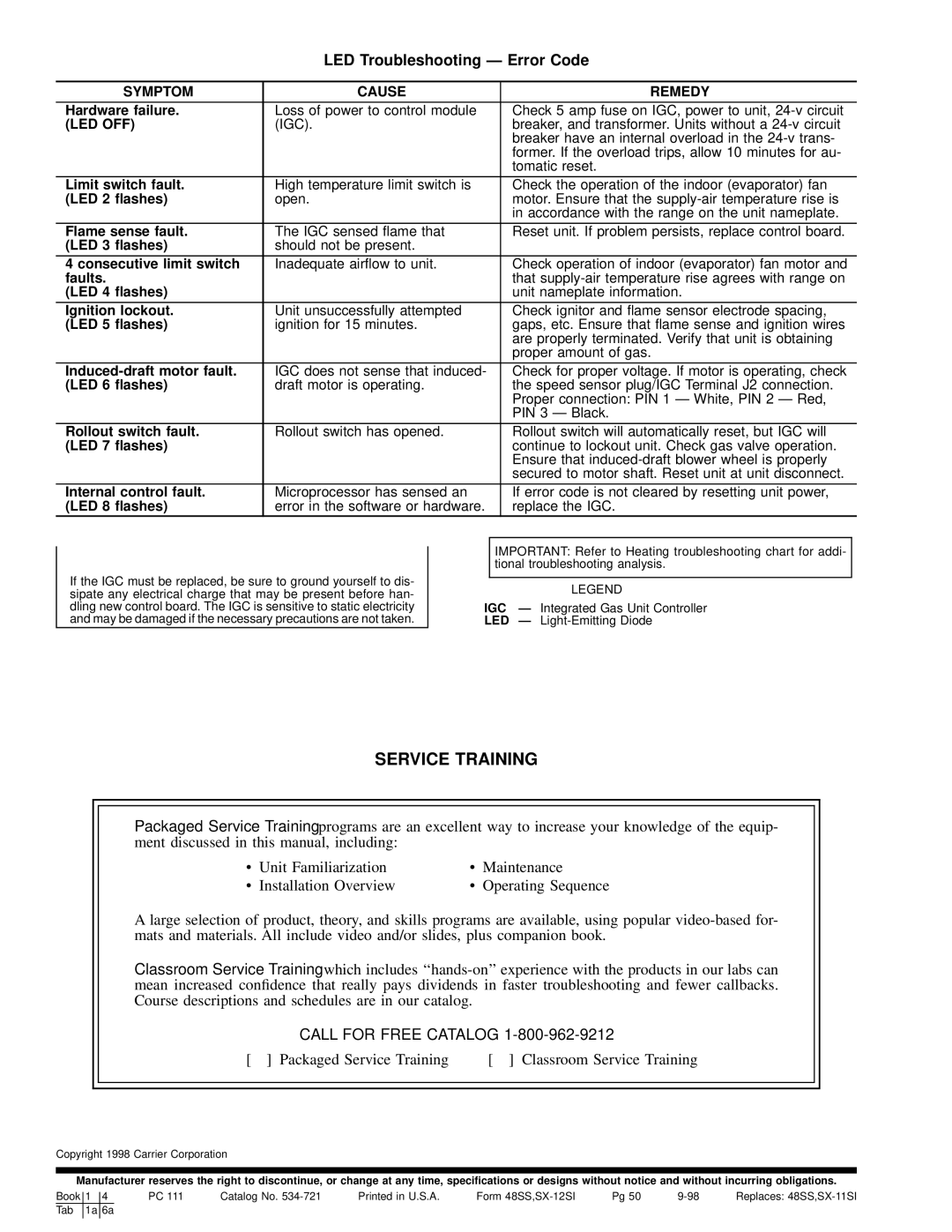 Carrier 48SS018-060, 48SX024-060 user manual Service Training, LED Troubleshooting Ð Error Code 