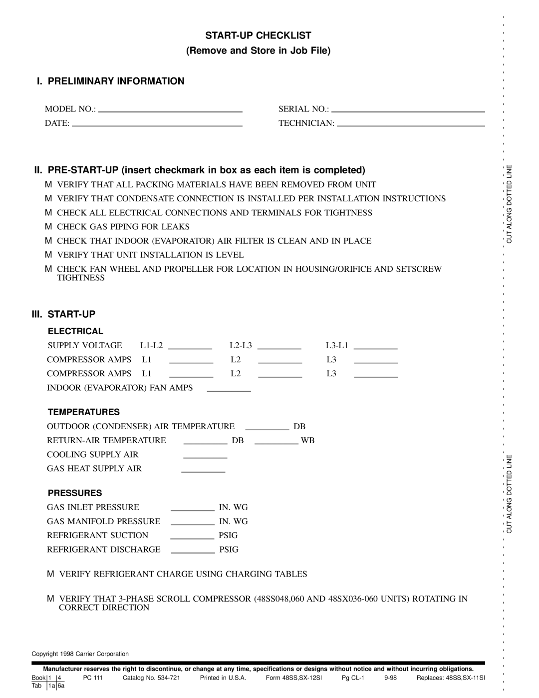 Carrier 48SS018-060, 48SX024-060 user manual Remove and Store in Job File, Preliminary Information, Iii. Start-Up 