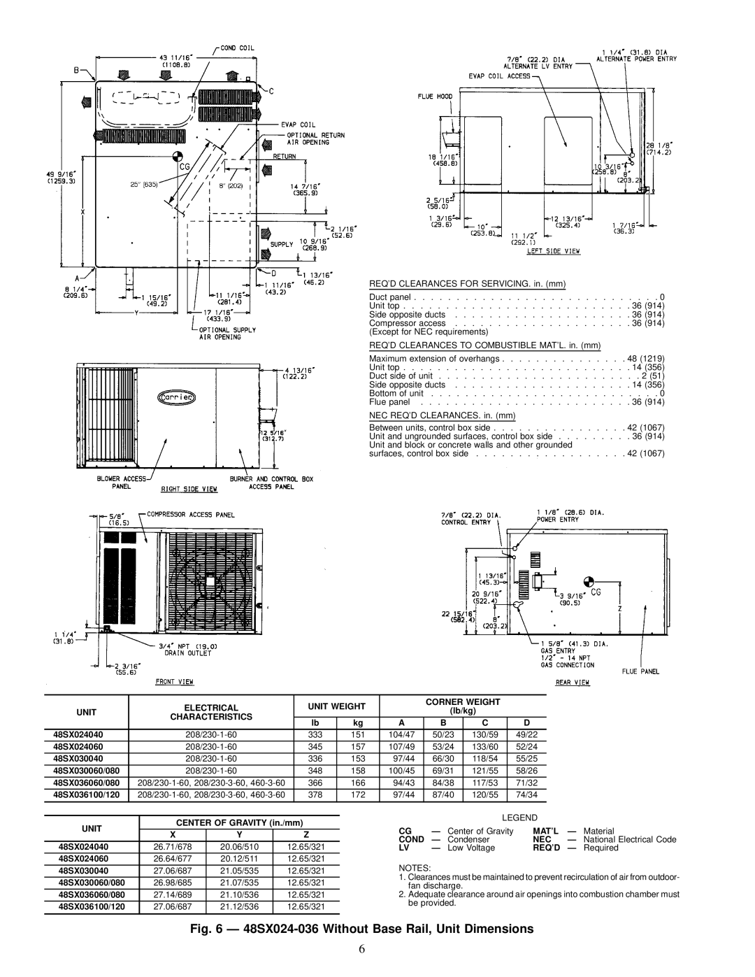 Carrier 48SS018-060, 48SX024-060 user manual 48SX024-036 Without Base Rail, Unit Dimensions 