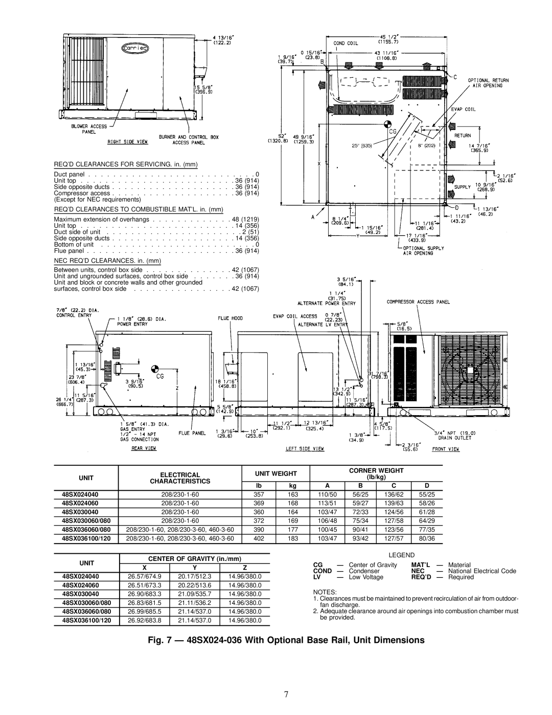 Carrier 48SX024-060, 48SS018-060 user manual 48SX024-036 With Optional Base Rail, Unit Dimensions 