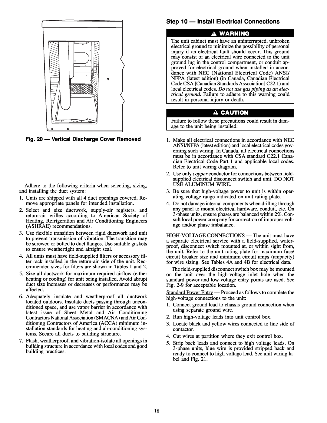Carrier 48SS018-060, 48SX024-060 user manual Ð Install Electrical Connections, Ð Vertical Discharge Cover Removed 