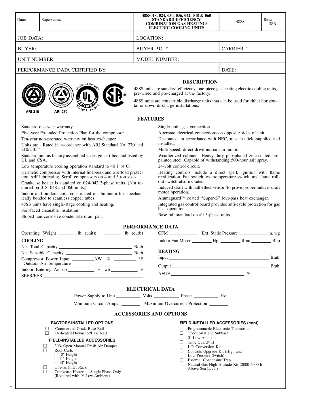 Carrier 48SS024, 48SS036, 48SS042, 48SS030, 48SS018, 48SS060, 48SS048 manual Electrical Data 