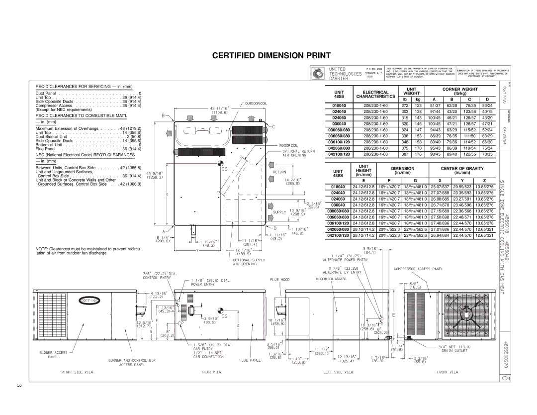 Carrier 48SS030, 48SS036 manual Certified Dimension Print, Unit Corner Weight, Unit Dimension Center of Gravity Height 