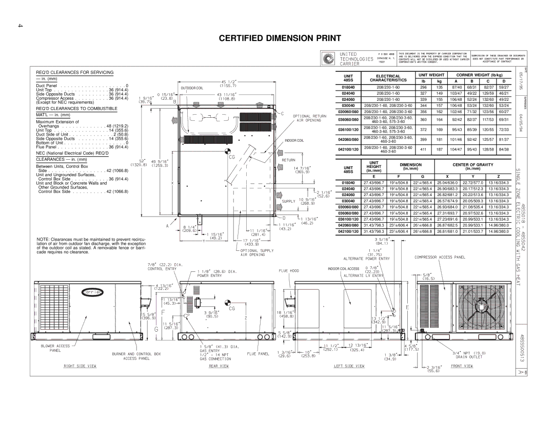 Carrier 48SS018, 48SS036, 48SS042, 48SS024, 48SS030, 48SS060 Reqd Clearances for Servicing, Reqd Clearances to Combustible 